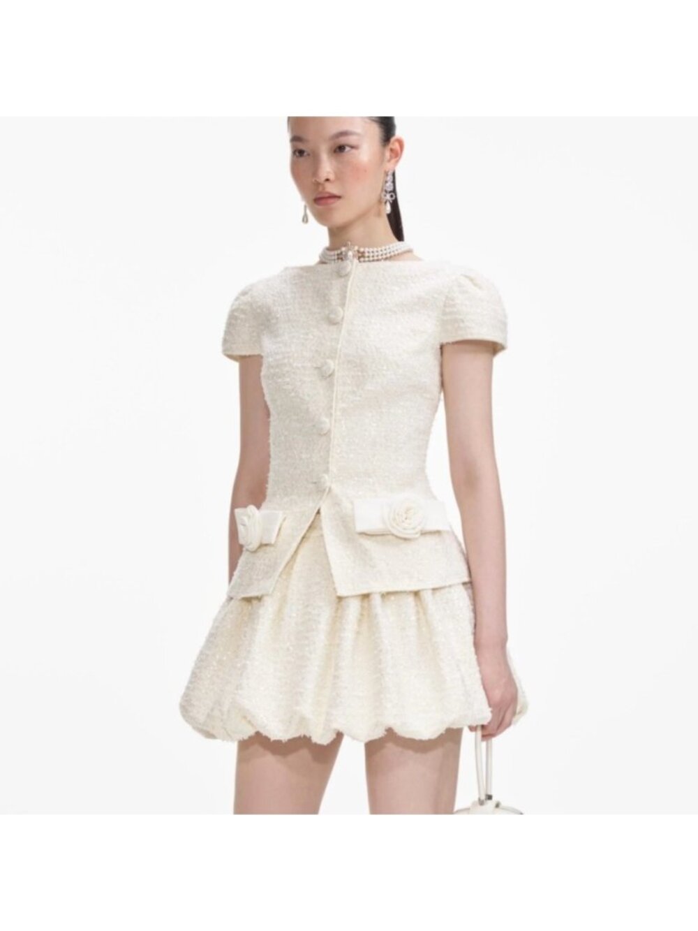 self-portrait Cream Boucle Bow Detail Mini Dress - US6 - MSRP $585 NWT